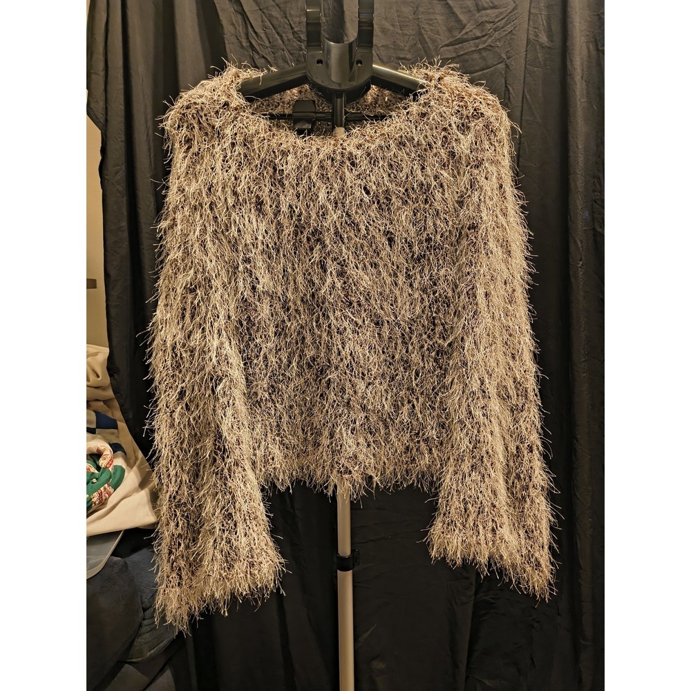 Shaggy Fringe Bell Sleeve Boho Sweater Medium Brown And White